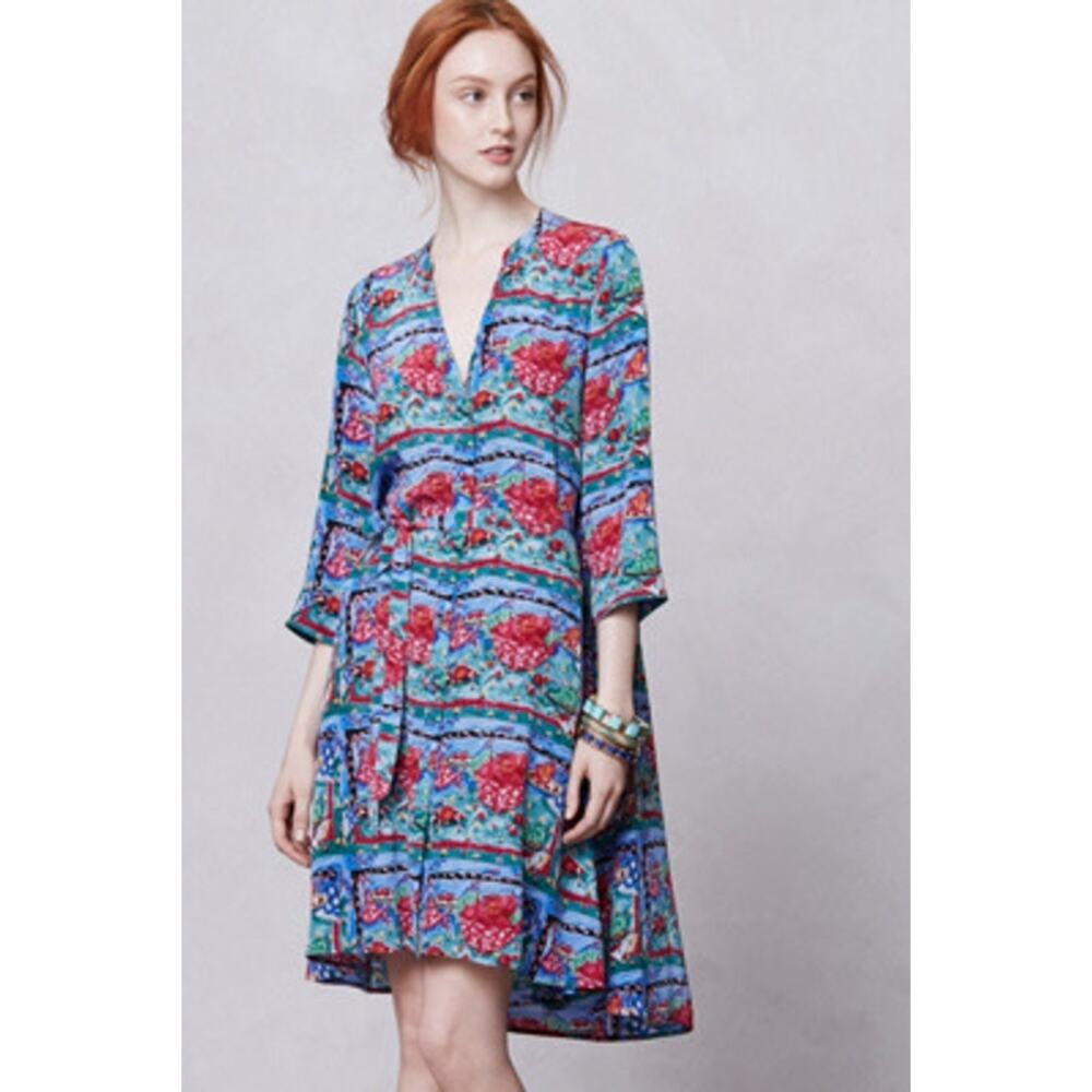 Anthropologie HD in Paris Echoed In Still Life Blue Silk Shirt Dress Size Small